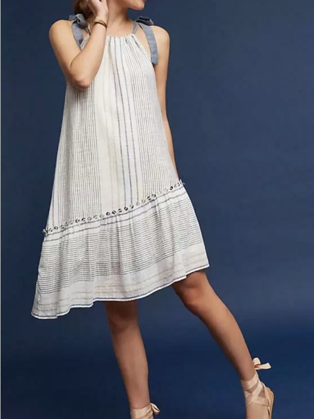 Maeve Anthropologie Striped Tie Shoulder Midi Dress Cottagecore Coastal XS